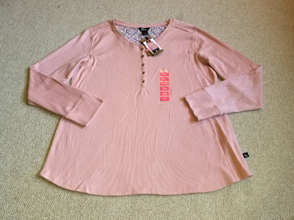 NWT Womens Top-EDDIE BAUER-mauve/pink waffle knit "Slim Fit; V-neck Henley"-XXL